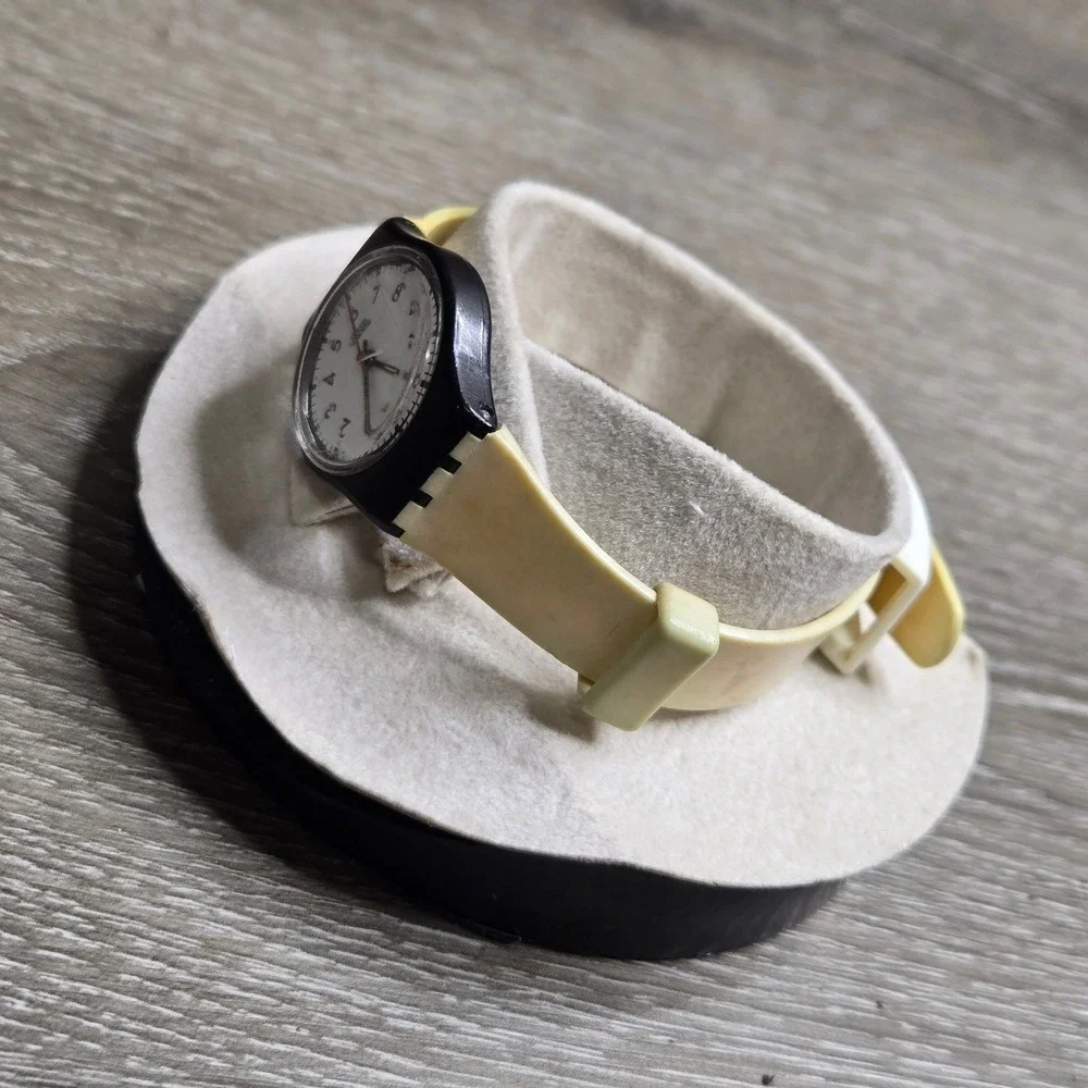 Swatch Swiss Quartz Watch White Dial & Band Black S740 Classic 1980s parts